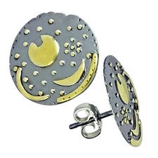 Pair Stud Earrings 18mm Sky Disc by Nebra Star Jewelry 925 Silver Two Tone