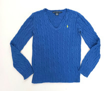 Ralph Lauren Sport Royal Blue Cotton Cable Knit V Neck Sweater Lime Pony Sz S