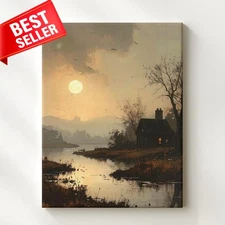 Canvas Peaceful House Haunting Wall Art Marsh Moonlight Landscape Fog Covered