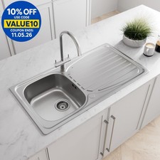 Stainless Steel Inset Kitchen Sink Single 1 Bowl Reversible Drainer FREE Waste