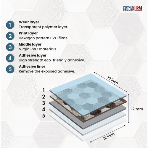 PowerSellerUSA Vinyl Self Adhesive Floor Tiles 20 PCS 12" x 12", Rustic Hexagon - 第 3/7 張圖片