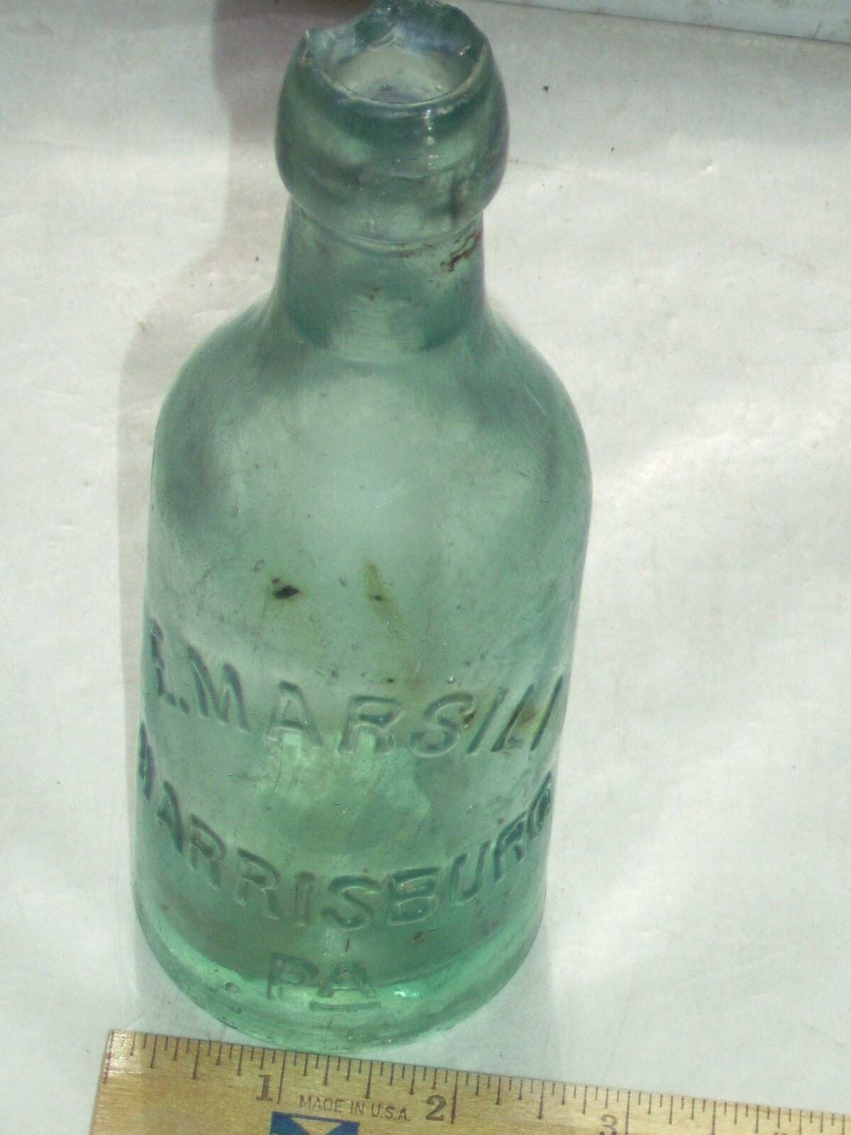 Vintage blue embossed  E. Marsili Harrisburg, Pa. affixed blob top glass bottle