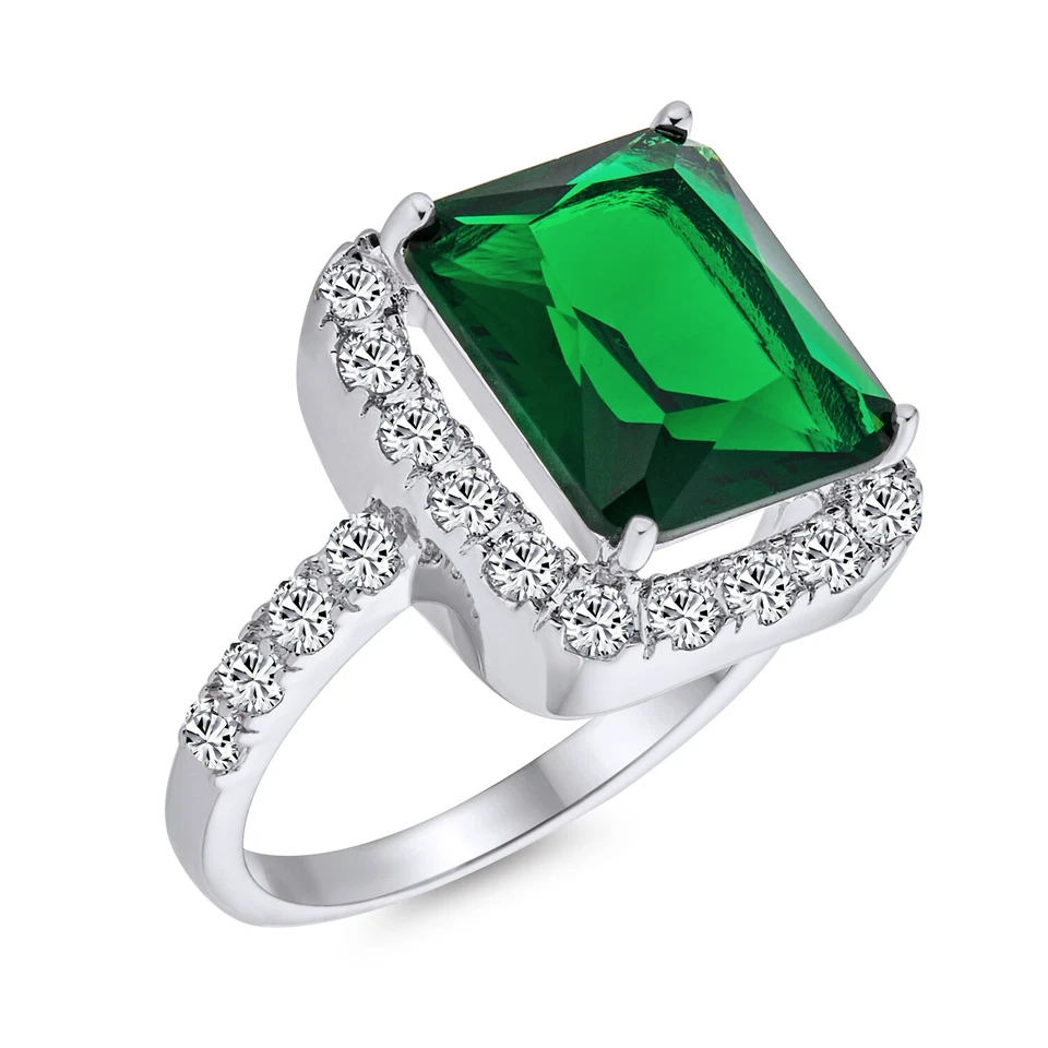Anillo Art Deco 10CT Rectángulo Solitario Verde Circonita Cóctel Distintivo Plateado Foto 2 de 4
