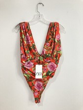 NWT ZARA Red Floral V-Neck Bodysuit Wide Straps Snap Closure Size Medium