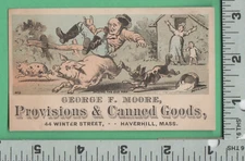 D760  George F Moore store td card 44 Winter St Haverhill MA farmer riding a pig