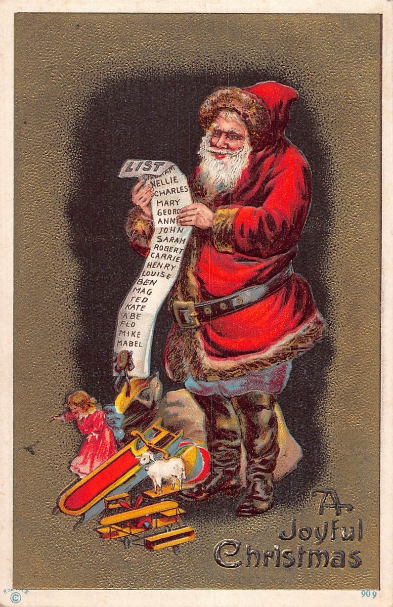 J84/ Santa Claus Christmas Postcard c1910 Child List Toys Blue