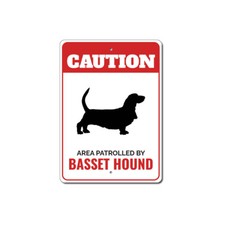 Patrolled By Basset Hound Caution Metal Sign Kennel Breed Canine K9 Paw Animal