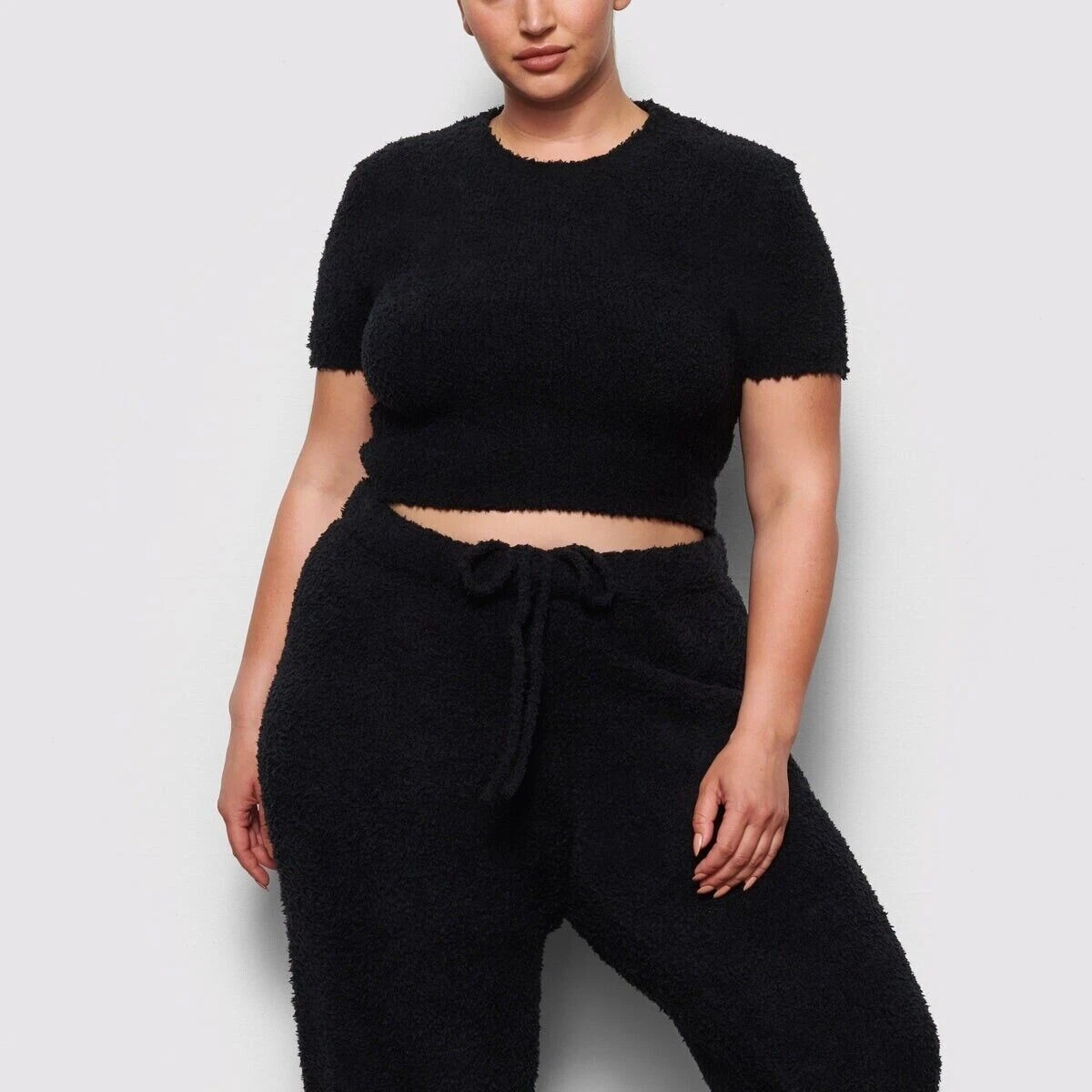 Skims Womens Cozy Knit Cropped T-Shirt Top in Onyx Short Sleeve Black Size  L/XL