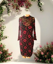 ALMOST FAMOUS Red Black Lace FLORAL Dress OPEN BACK Lined Size Small Women's
