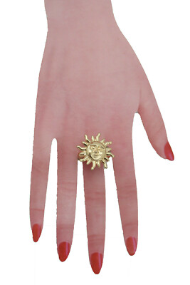 Cute Women Fashion Jewelry Ring Gold Metal Sun One Size Elastic Band Flirty Look