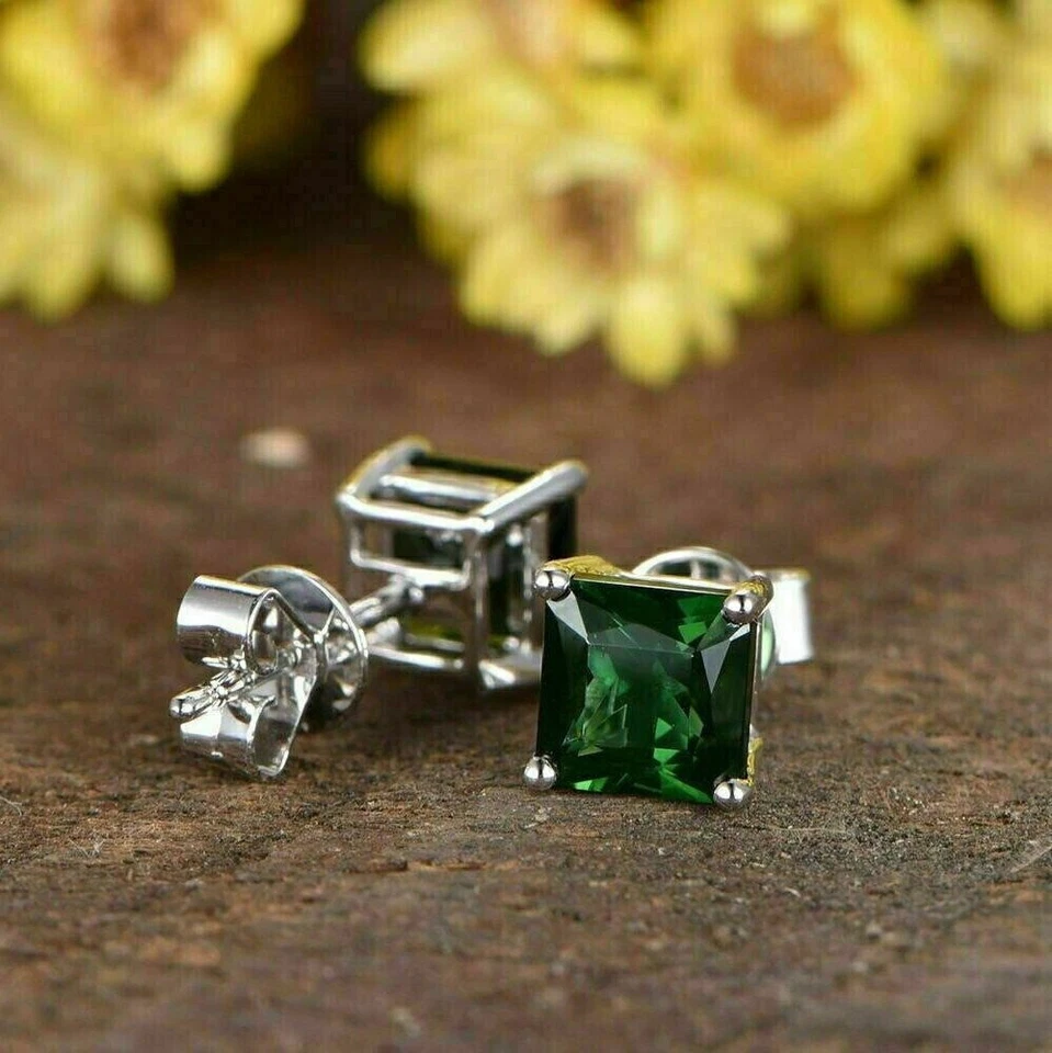 2Ct Princess Cut Lab Created Green Emerald Stud Earrings 14K White Gold Plated - Image 2 of 4