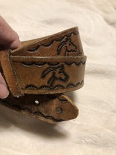 Vintage Tooled Leather Belt Says Cowboy Horses Horseshoes Sm/Med Brown 35  