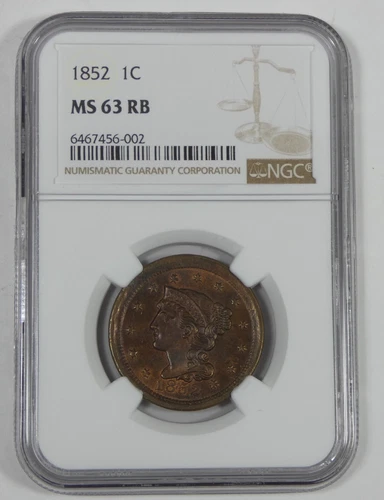 1852 Braided Hair Large Cent CERTIFIED NGC MS 63 RED BROWN 1c