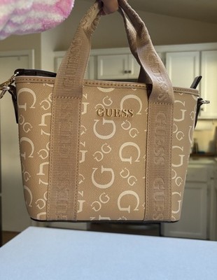 GUESS Tan/Cream Logo Print Small Crossbody Top Handle Zip Bag Gold Hardware