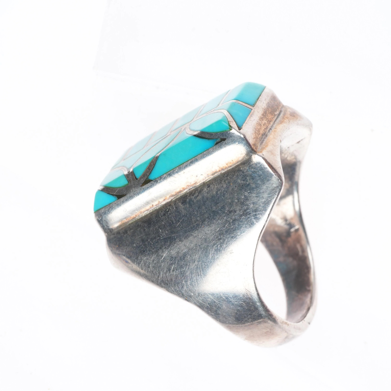 Rectangular Silver Ring Design sz12 Heavy Vintage Dickie & Amy Quandelacy sterling silver inlay ...