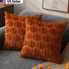 Fall Rust Pumpkin Pillow Covers 18x18 Soft Plush Faux Fur Set of 2 USA