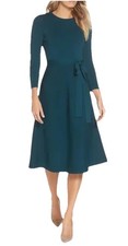 Eliza j Fitted A Line Dress Women’s Size Large Hunter Green Midi Belted Stretch