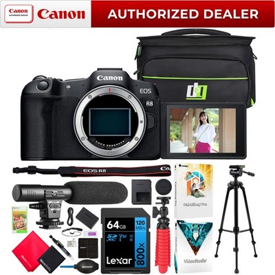 Canon EOS R8 Full Frame Mirrorless Camera Body + Microphone & Tripod Kit Bundle