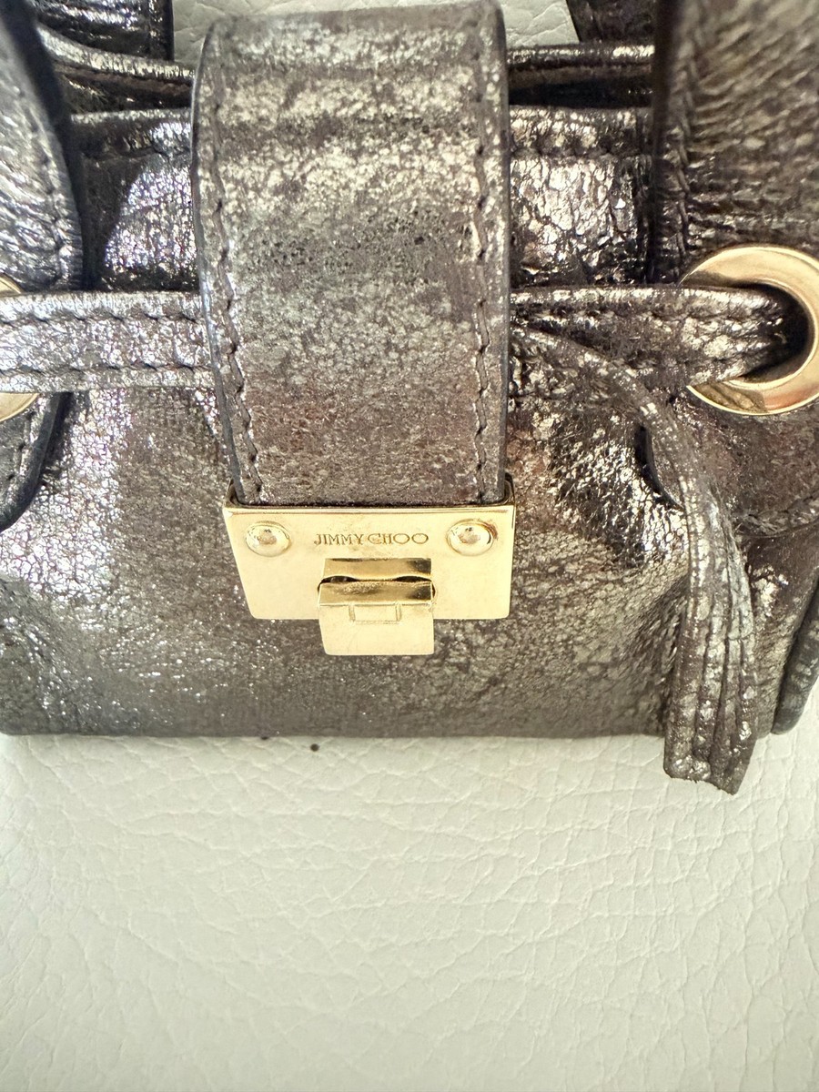 JIMMY CHOO ROSALIE MINI BAG CHARM KEY RING METALLIC SILVER LEATHER