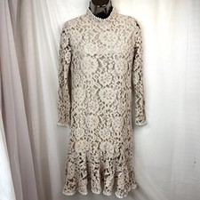 Beige Lace Midi Dress High Neck Peplum Floral Lace Details Coquette Feminine