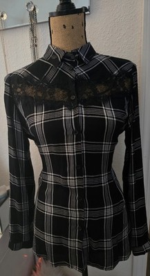 VENUS Women s Black White Plaid Lace Detail Button Down Shirt Top Size 8 NEW