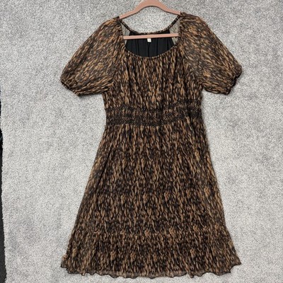 Terra & Sky Dress 1X Brown Abstract Animal Smocked Midi Whimsigoth Indie Sleaze