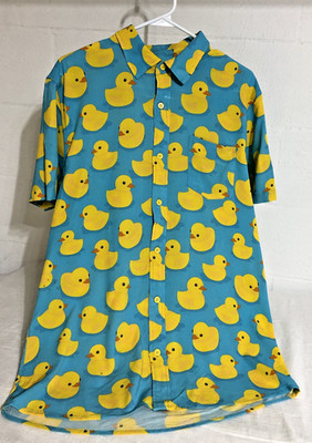 Tipsy Elves Shirt Mens Large Blue Ducks Print Button Up Short Sleeve Novelty Art
