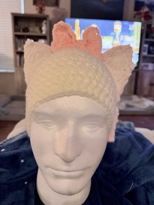 Handmade Crochet Cat Ear Beanie Hat White Pink Bow women and girl Winter