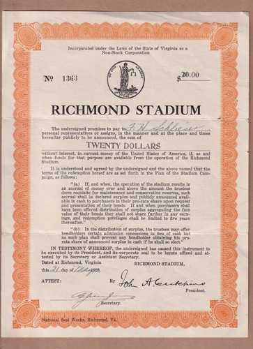 1928 Richmond Virginia Richmond Stadium City Stadium $20.00 Community Bond