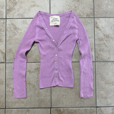Attire The Studio Ribbed Cardigan Size Small Detailed Sleeves Purple