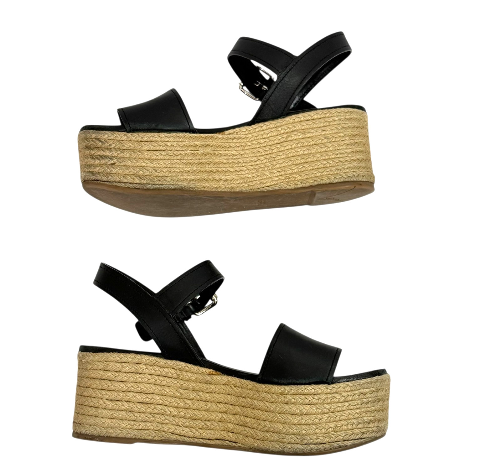 Prada Platform Espadrille Sandals Black Leather Open Toe Size EU 36.5/ US 6.5 image 6