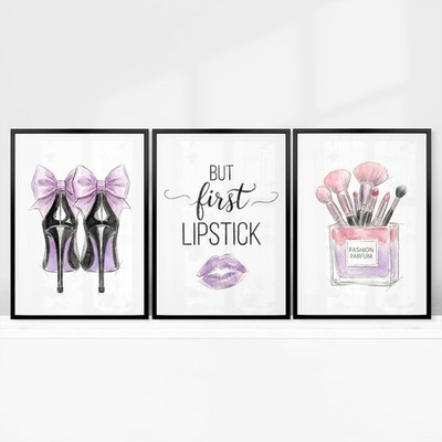 Mode Wandkunst Schönheit Parfüm Make-up Drucke Mädchen Flieder Schlafzimmer Dekor 3er Set