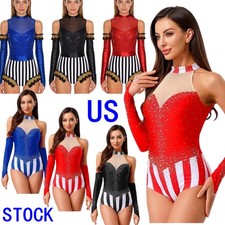 US Womens Halloween Party Circus Ringmaster Bodysuit with Gloves Striped Leotard