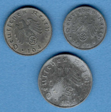 1942 Germany Third Reich. Set 3 zinc coins: 1, 5, 10 Reichspfennig SWASTIKA 476