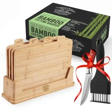 Bamboo Cutting Board Set with Stand: Includes Bonus Meat Tenderizer Knife-Wood