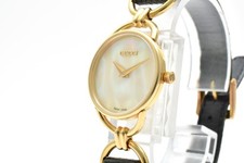 READ! Vintage GUCCI 6000.2.L White Shell Dial Gold Green Band Women's Qz Watch