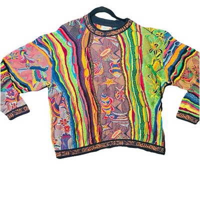 Rare COOGI 90s 3D Knit Sweater XL Star Fish Bird Parrot Art Vintage