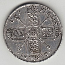 1918 Great Britain UK 1 Florin  - 925 Silver - Sterling KM# 817