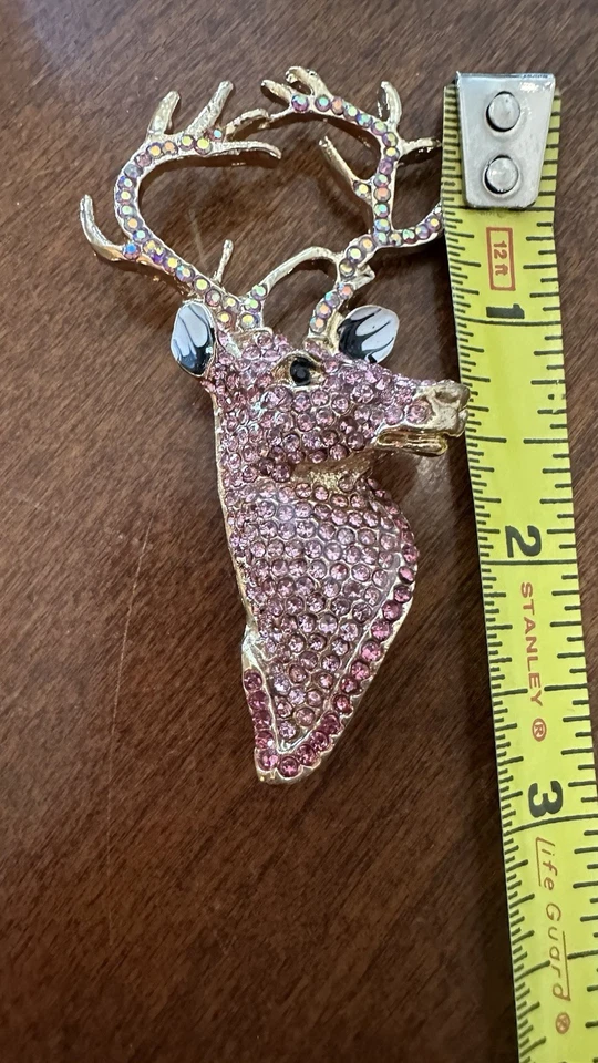 Broche Insignia Prendedor Insignia Cabeza de Ciervo Grande Rosa Cristal Esmaltado Estilo Art Deco Regalo Foto 3 de 4