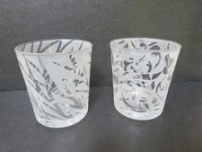 ~2 RARE VINTAGE 2006 Michael Weems Etched Clear Rocks Glasses Elise Charcoal 4"