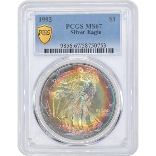1992 $1 American Silver Eagle PCGS MS67 - Lovely Rainbow Toning