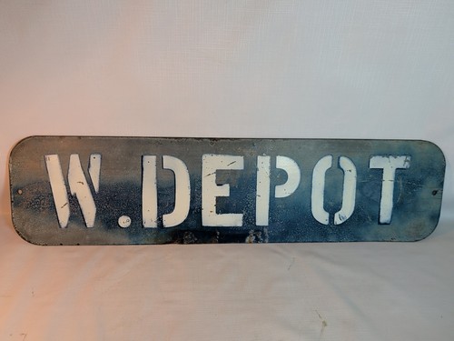 VINTAGE RAILROAD DEPOT ST. METAL STREET ROAD SIGN 24" X 6" Blue Patina Iowa