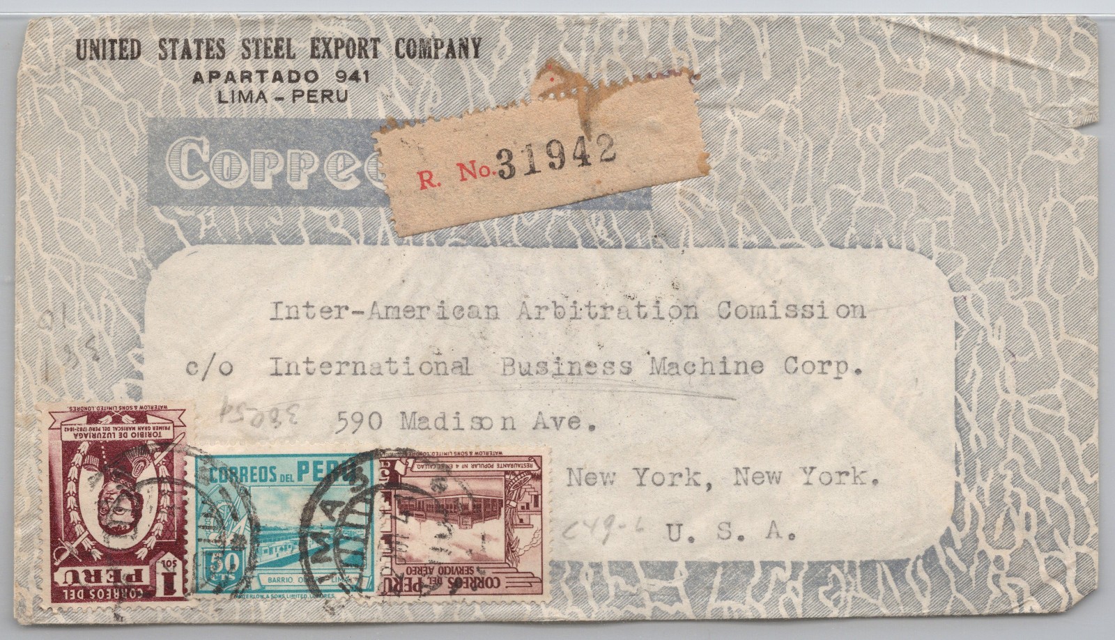Peru 1941 Registered Cover to Inter-American Arbitration Commission, IBM NY