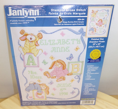 Vintage Janlynn Stamped Cross Stitch 13 x 18 Sleepy Bunnies Birth Sampler READ