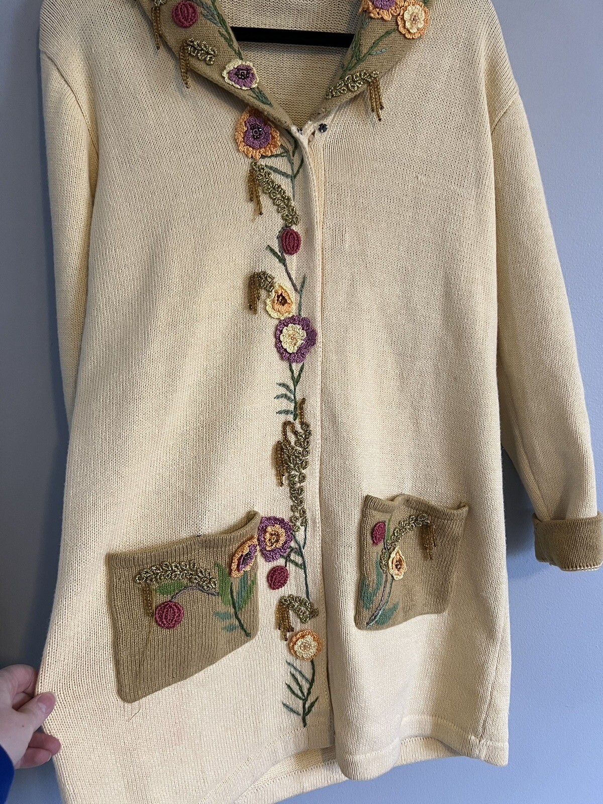 STORYBOOK KNITS Floral Collard Beaded Embroidered Cardigan Sweater L Long eBay