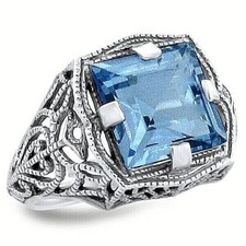 DECO ANTIQUE STYLE 925 STERLING SILVER 3.5 CT SIMULATED AQUAMARINE RING   276Z