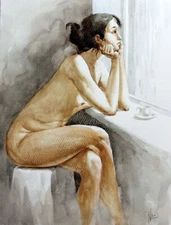 FEMALE Nude Watercolor ORIGINAL Woman Figure cup of coffee looking rainy window