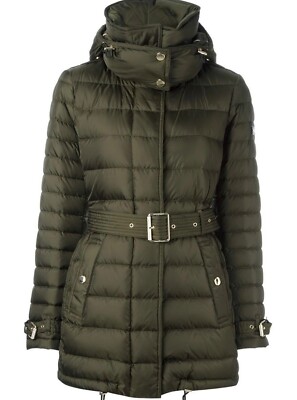 Women Burberry Coat Down Puffer Coat Green Hooded Harrowden Size L
