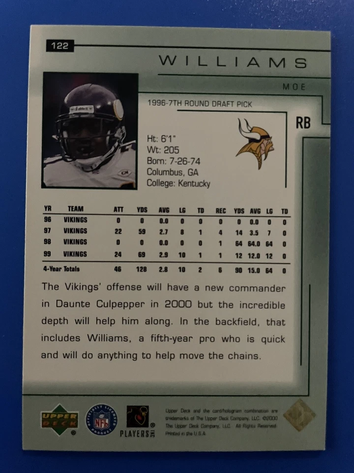 2000 Upper Deck Encore Moe Williams #122 Vikings {BOX21} - Image 2 of 2