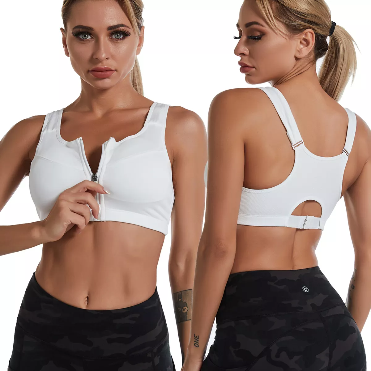 Women's High Support Push Up Zip Front Close Padded Sports Bra Workout Plus  Size